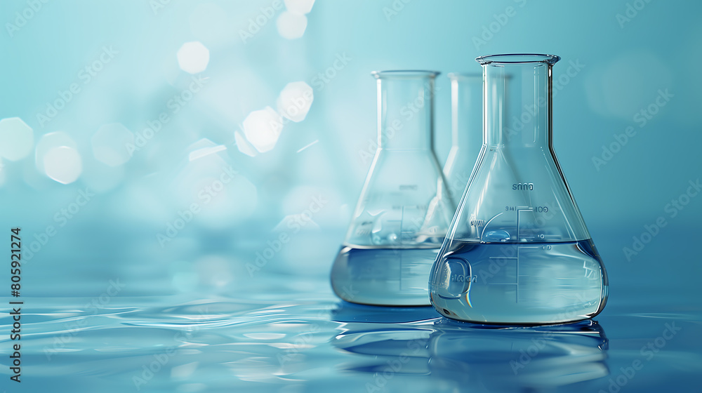 Experiment water in beaker and flask in chemistry science laboratory Experiment water in beaker and flask in chemistry science laboratory