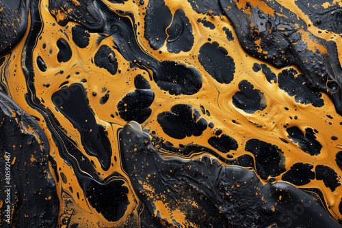 Watercolor paint of leopard on murble background illustration. Dark black color and golden lines with liquid fluid marbled spotted texture