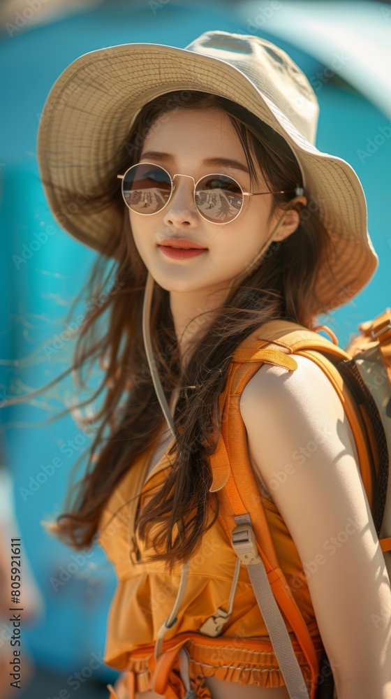 Joyful Asian Young Female Tourist Enjoying Beach Vacation