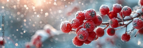 Red Christmas berries with frost on a snowy background  photo