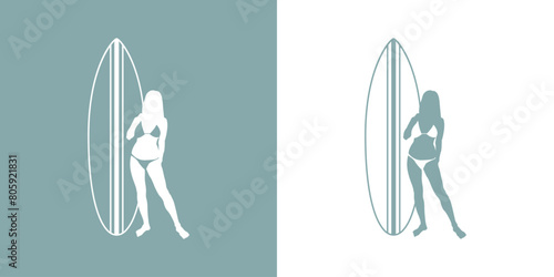 Logo club de surf. Silueta de mujer de pie frente a tabla de surf lineal con bikini en espacio negativo