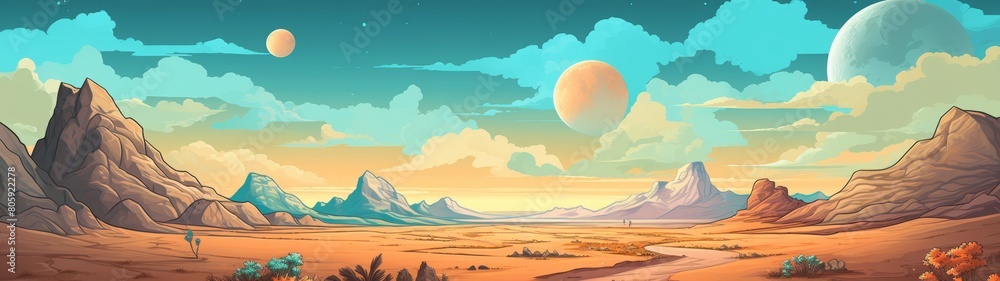 Surreal alien landscape with mountains and moons Surreal alien landscape with mountains and moons
