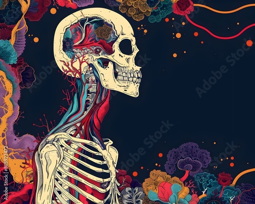 Anatomical Skeleton with Vibrant Abstract Patterns and Colors