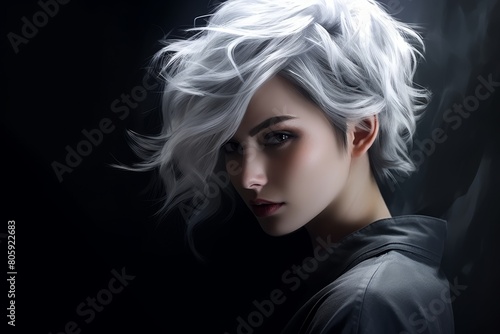 Dramatic portrait of a person with striking white hair
