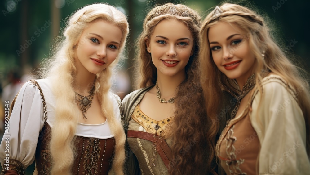 Three beautiful women in medieval-style dresses Three beautiful women in medieval-style dresses