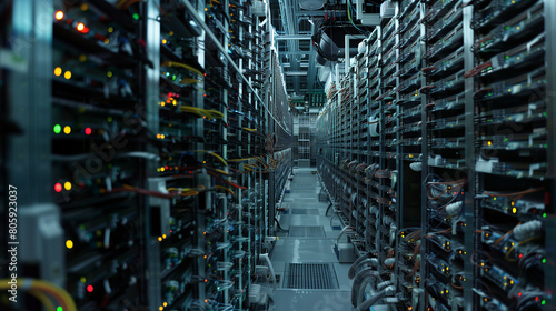 A bustling data center filled with rows of servers processing vast amounts of information. photo