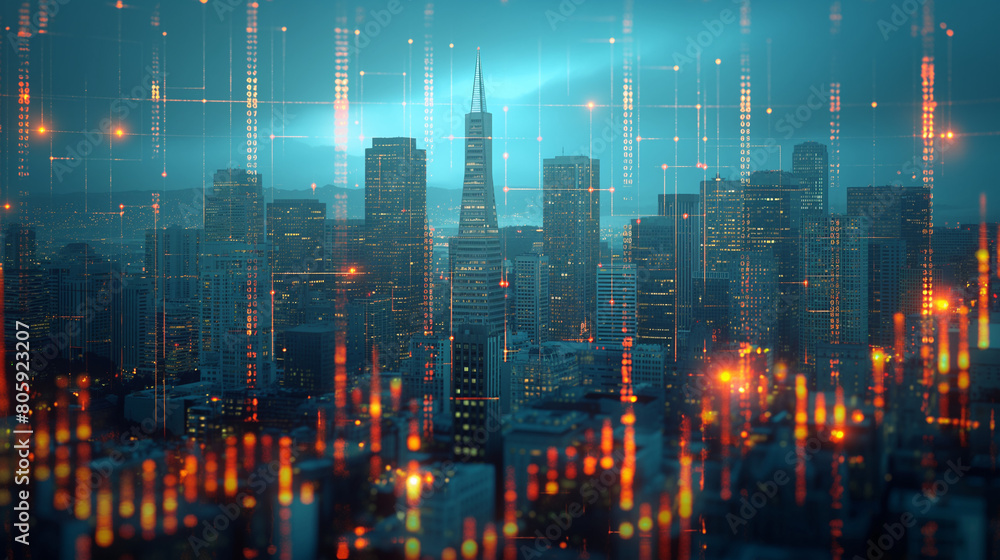 Multi exposure of abstract virtual financial graph hologram on San Francisco skyline background, forex and investment concept. double exposure of wireframe city interface.