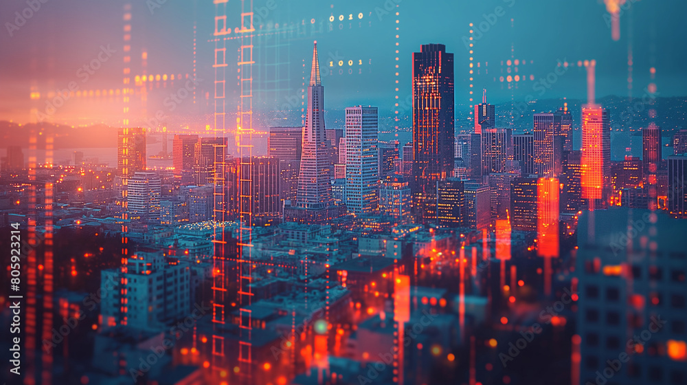 Multi exposure of abstract virtual financial graph hologram on San Francisco skyline background, forex and investment concept. double exposure of wireframe city interface.