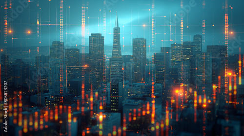 Multi exposure of abstract virtual financial graph hologram on San Francisco skyline background, forex and investment concept. double exposure of wireframe city interface.