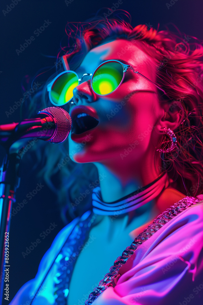 A Beautiful Woman In Glasses Singing Into A Microphone On Colorful Vibrant Neon Lights A Beautiful Woman In Glasses Singing Into A Microphone On Colorful Vibrant Neon Lights