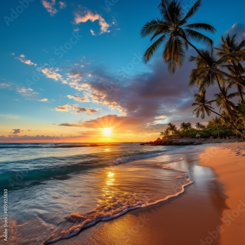 Breathtaking tropical sunset over a palm-fringed beach