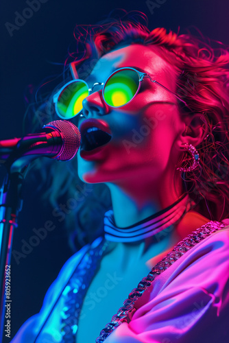 A Beautiful Woman In Glasses Singing Into A Microphone On Colorful Vibrant Neon Lights