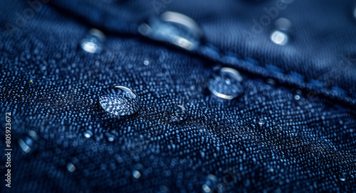 Macro photography capturing water droplets on a navy blue fabric background, showcasing the intricate details of raindrops and dew drops. The close-up shot reveals sparkling water droplets on the text photo