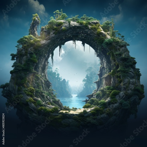 Enchanted forest archway with lush greenery and waterfalls © Balaraw