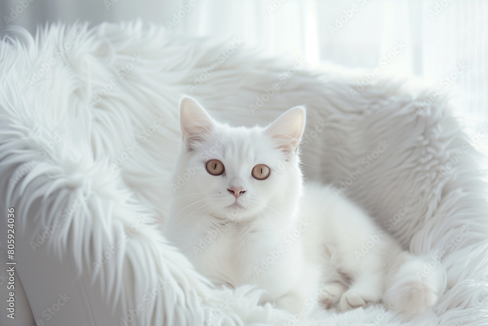 Charming Domestic White Cat With Yellow Eyes and Short Hair Is Lying On White Armchair in the Living Room