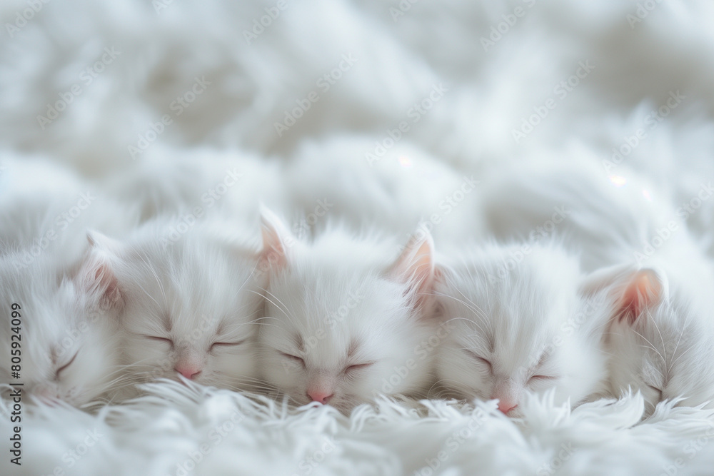Charming Domestic White Little Kittens Is Sleeping in Row On White Sofa in the Living Room
