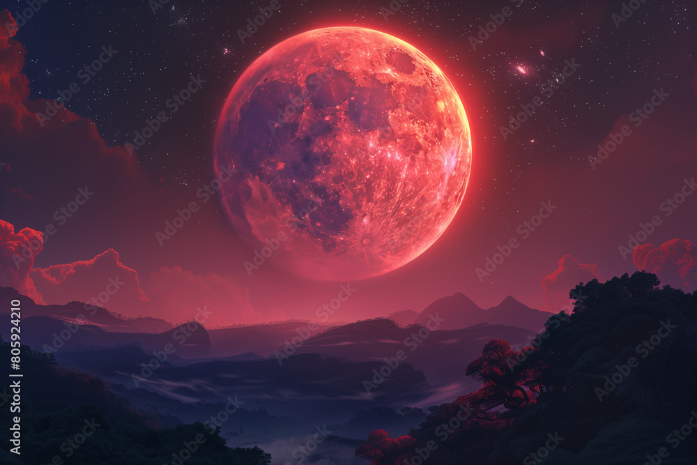 A huge red moon with mountain with on the background