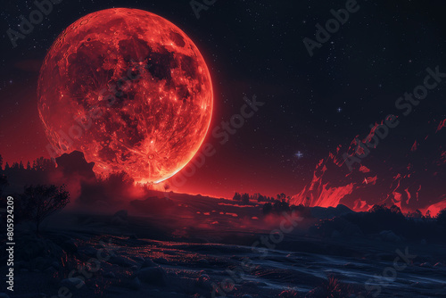 A huge red moon with mountain with on the background