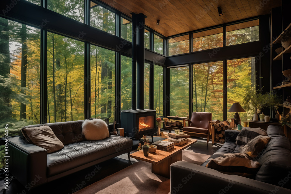Interior of chalet in the forest, cozy warm home, huge panoramic window overlooking the autumn forest, wood decoration and fireplace Interior of chalet in the forest, cozy warm home, huge panoramic window overlooking the autumn forest, wood decoration and fireplace