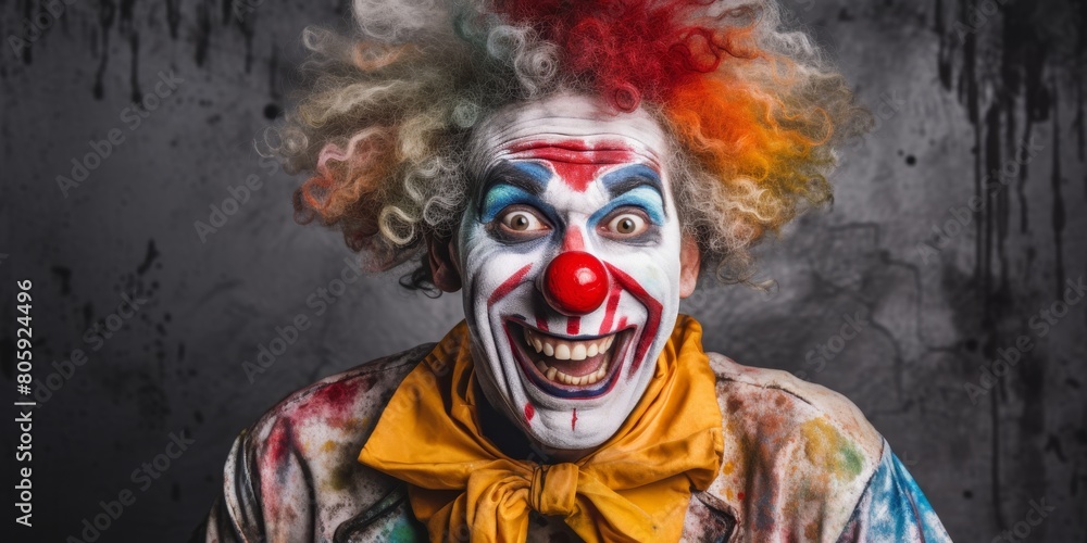 Creepy clown with colorful makeup and curly hair Creepy clown with colorful makeup and curly hair