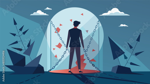 A person standing in front of a shattered mirror with broken chains representing the breaking of selfdestructive patterns and the realization of ones. Vector illustration photo