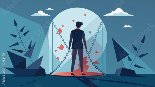 A person standing in front of a shattered mirror with broken chains representing the breaking of selfdestructive patterns and the realization of ones. Vector illustration