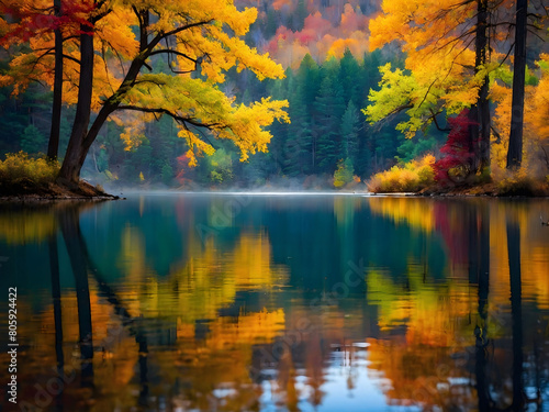 Nature's Canvas, Vibrant Autumn Colors Adorn the Landscape, Including a Picturesque Lake and Towering Trees.