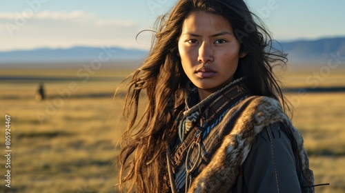 Thoughtful indigenous woman in traditional clothing