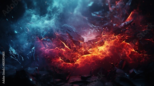 Fiery explosion in the dark with smoke and fire, Ethereal Fire and Ice Landscape