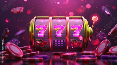 Banner of mobile online casino application with 777 big win slot machine. Poster with online mobile app casino and Jackpot 777. © Igor
