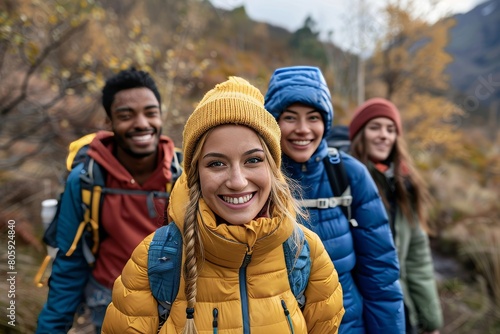 Group of happy fit friends hiking  trekking together outdoor nature  Generative AI