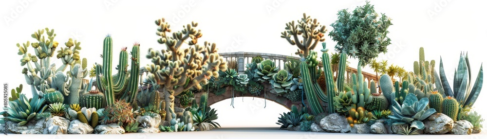 A bridge spans over a desert landscape with a variety of cacti and other plants A bridge spans over a desert landscape with a variety of cacti and other plants