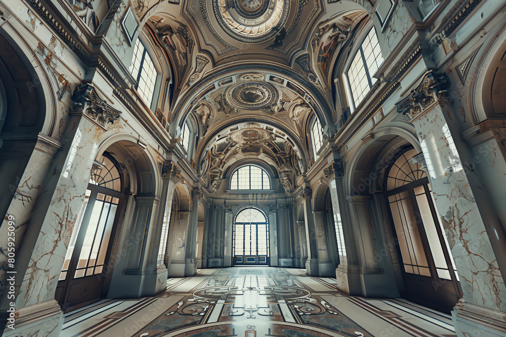 Fototapeta premium Capture a grand, wide-angle view of iconic architectural wonders through the lens of virtual reality, highlighting intricate details and textures in a mind-bending perspective