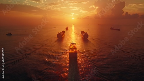 The sun setting over an ocean with cargo ships and large oil tankers in view  capturing their silhouettes against the vibrant hues of dusk.