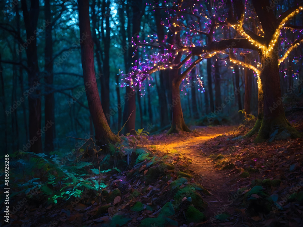 Nocturnal Enchantment, Journey through the Dark Fairytale Fantasy Forest, Aglow with Magical Lights and Neon Hues