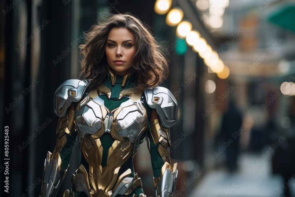 futuristic female superhero in metallic armor