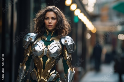 futuristic female superhero in metallic armor