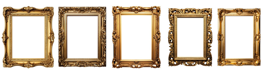 Set of Gold photo frame, gold texture, gothic retro style illustration PNG element cut out transparent isolated on white background ,PNG file ,artwork graphic design.