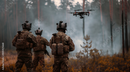 Modern Warfare Soldiers Squad are Using Drone for Scouting and Surveillance During Military Operation in the Forest.