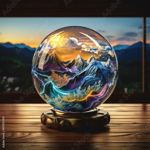 Magical fantasy landscape in a crystal ball