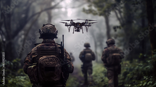 Modern Warfare Soldiers Squad are Using Drone for Scouting and Surveillance During Military Operation in the Forest.