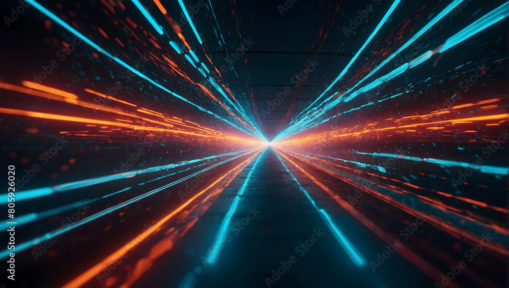 Neon Odyssey, Abstract Futuristic Background Portal Tunnel with Dynamic Red, Orange, and Turquoise Glowing Neon Moving High-Speed Wave Lines and Flare Lights