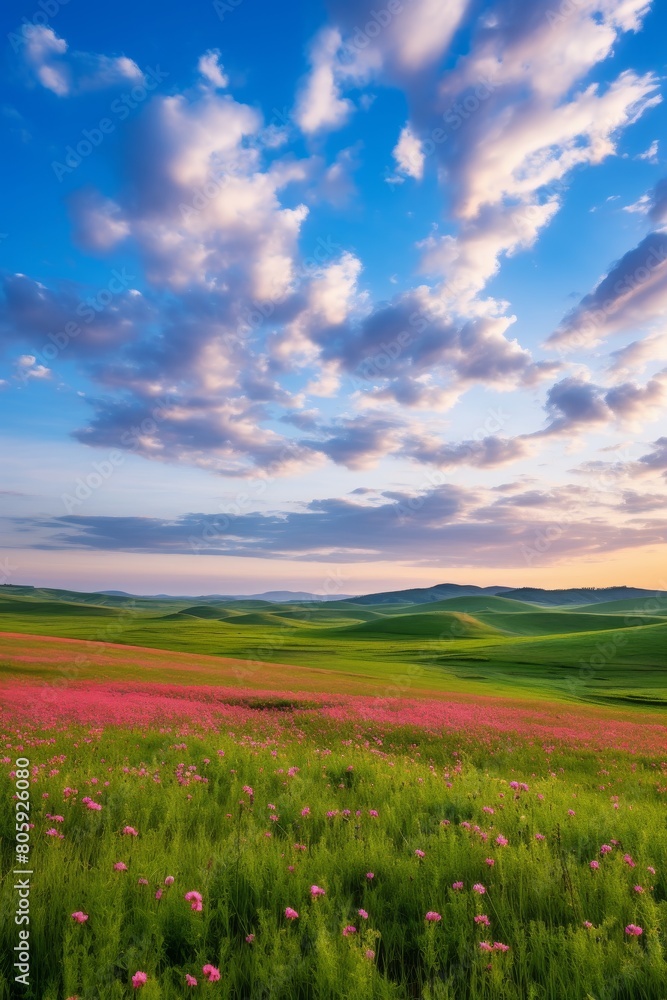 Stunning landscape with colorful wildflowers and rolling hills