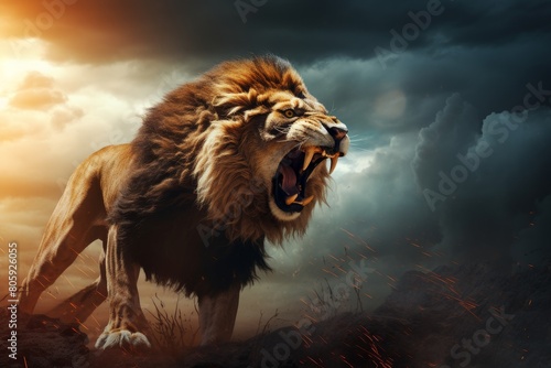 Fierce lion roaring in stormy landscape