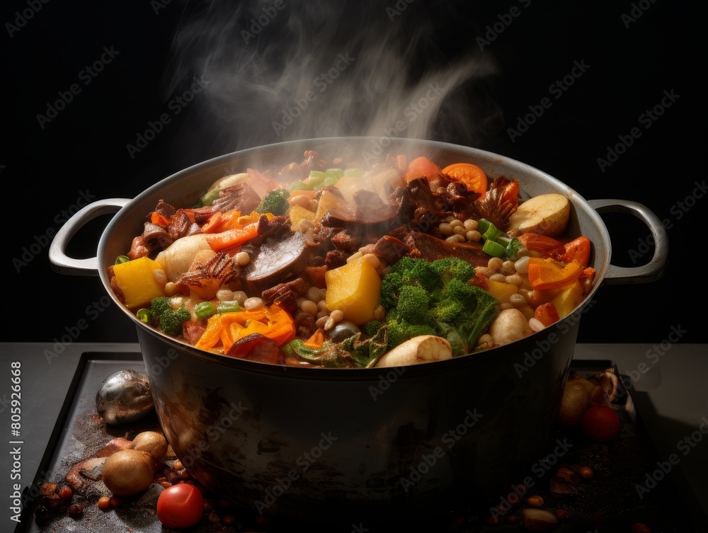 Hearty vegetable stew simmering in a pot Hearty vegetable stew simmering in a pot