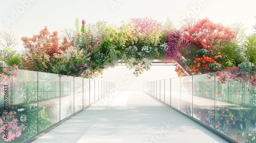 A bridge with a flower archway and a walkway