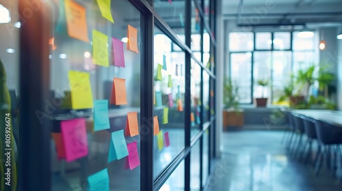 Capture the essence of a customer service team brainstorming session, with colorful post-it notes adorning a glass wall in a modern conference room