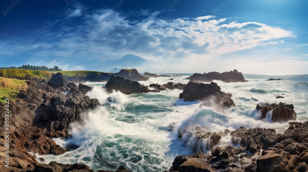 Dramatic coastal landscape with crashing waves and rocky cliffs