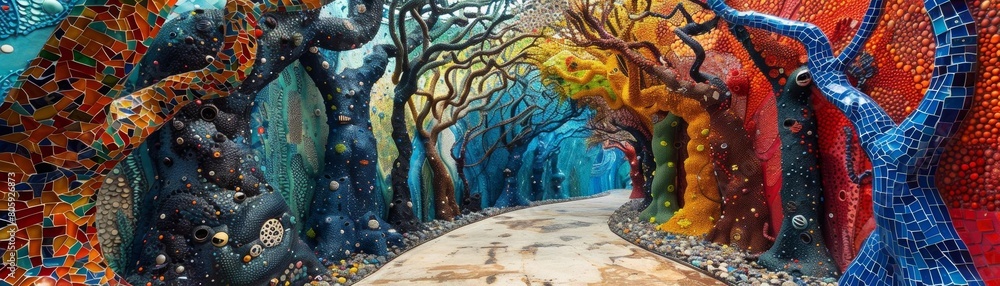 Create a digital painting of a colorful mosaic walkway with vibrant trees made of thousands of small tiles