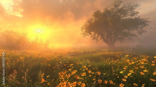 Golden Hour Serenade  Sunset s Embrace on the Meadow